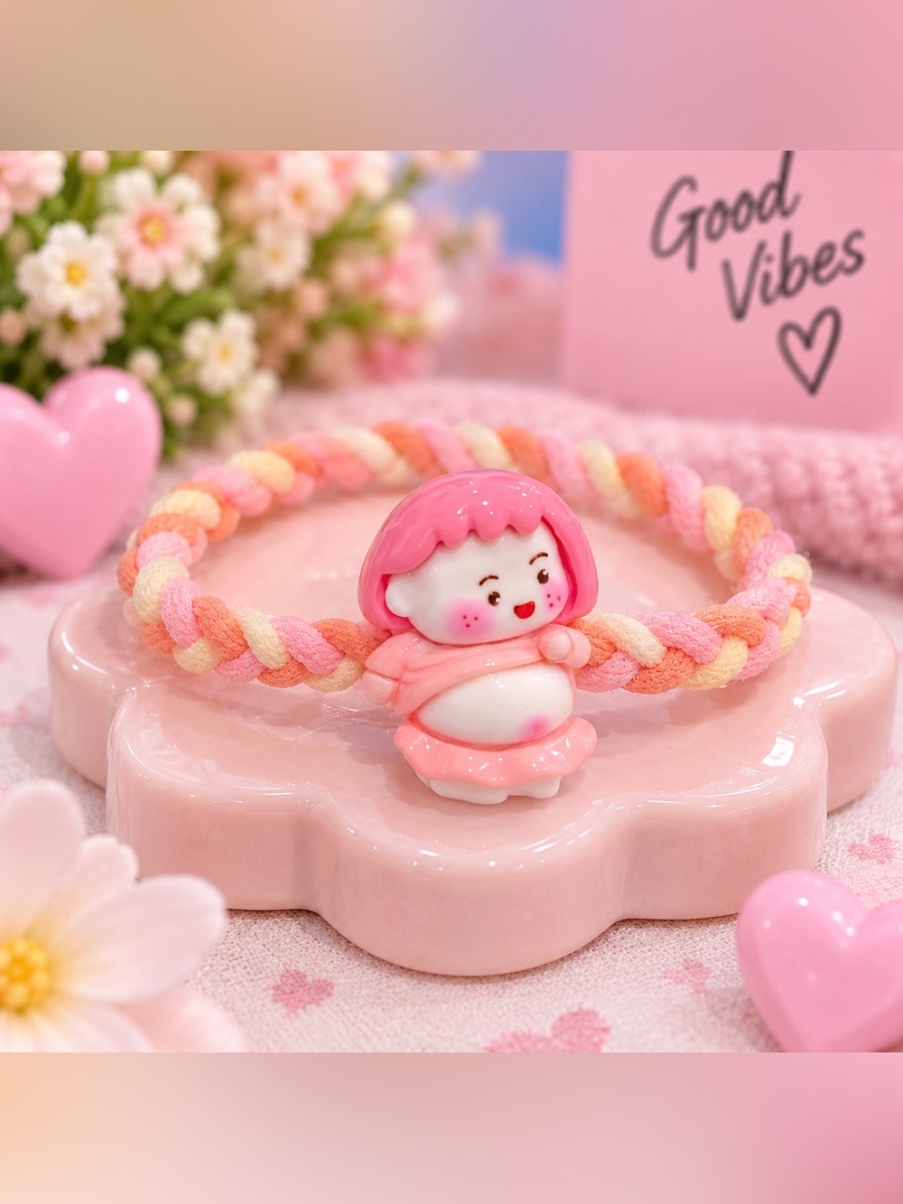 Cute Pink Cartoon Girl Braided Elastic Hair Tie for Kids